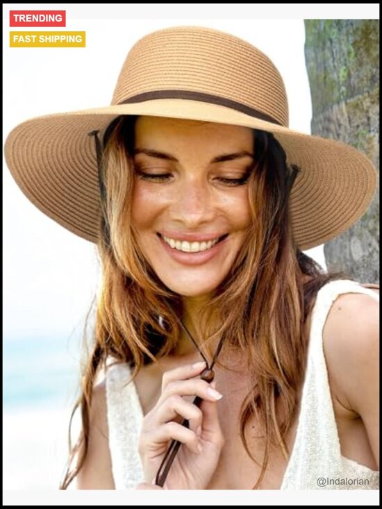 Wide Brim Sun Hat with Wind Lanyard UPF 50+ Foldable Straw